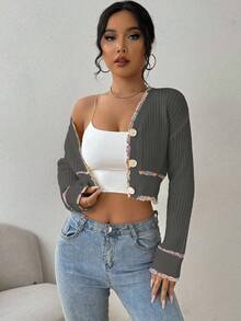 EMERY ROSE 女士秋季落肩长袖单排扣短款休闲薄款针织开衫 - 墨綠色 - 查看 5