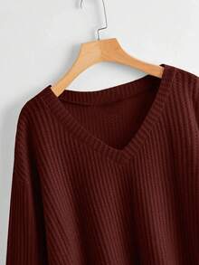 SHEIN Unity Women's Casual V-Neck Drop Shoulder Long Sleeve Loose T-Shirt, Autumn - Redwood - View 3