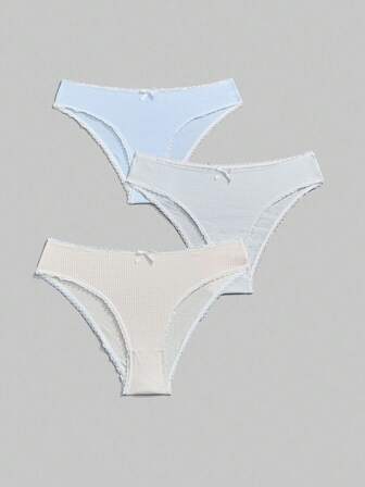 Kawaii 3 pièces/paquet Culottes confortables pour femmes avec décoration de nœud en dentelle et patchwork à carreaux