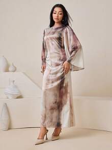 Veilorie 女士扎染印花圆领喇叭袖修身鱼尾下摆优雅阿拉伯风连衣裙 - 卡其色 - 查看 7