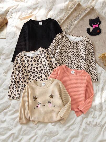 SHEIN Vintaside Kids 5件套豹纹笑脸女婴长袖上衣，室内外通用，保暖优质，秋冬特价多件装