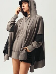 Bohemela 波西米亚风秋冬女式复古休闲针织拼接长袖宽松水洗侧开衩连帽卫衣，带口袋，西部乡村风格，适合音乐会、度假、日常穿着、返校季和万圣节等场合。 - 彩色 - 查看 1