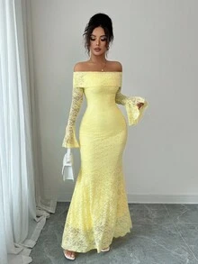 Rafferiza Petite 优雅时尚年轻简约百搭修身露肩喇叭袖美人鱼中长连衣裙，适合娇小女性，秋季 - 黃色 - 查看 1