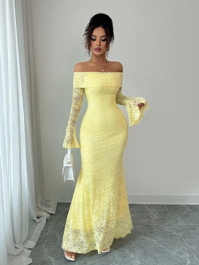 Rafferiza Petite Elegant Fashion Young Minimalist Versatile Fitted Off Shoulder Flared Sleeve Mermaid Midi Dress For Petite Women, Autumn