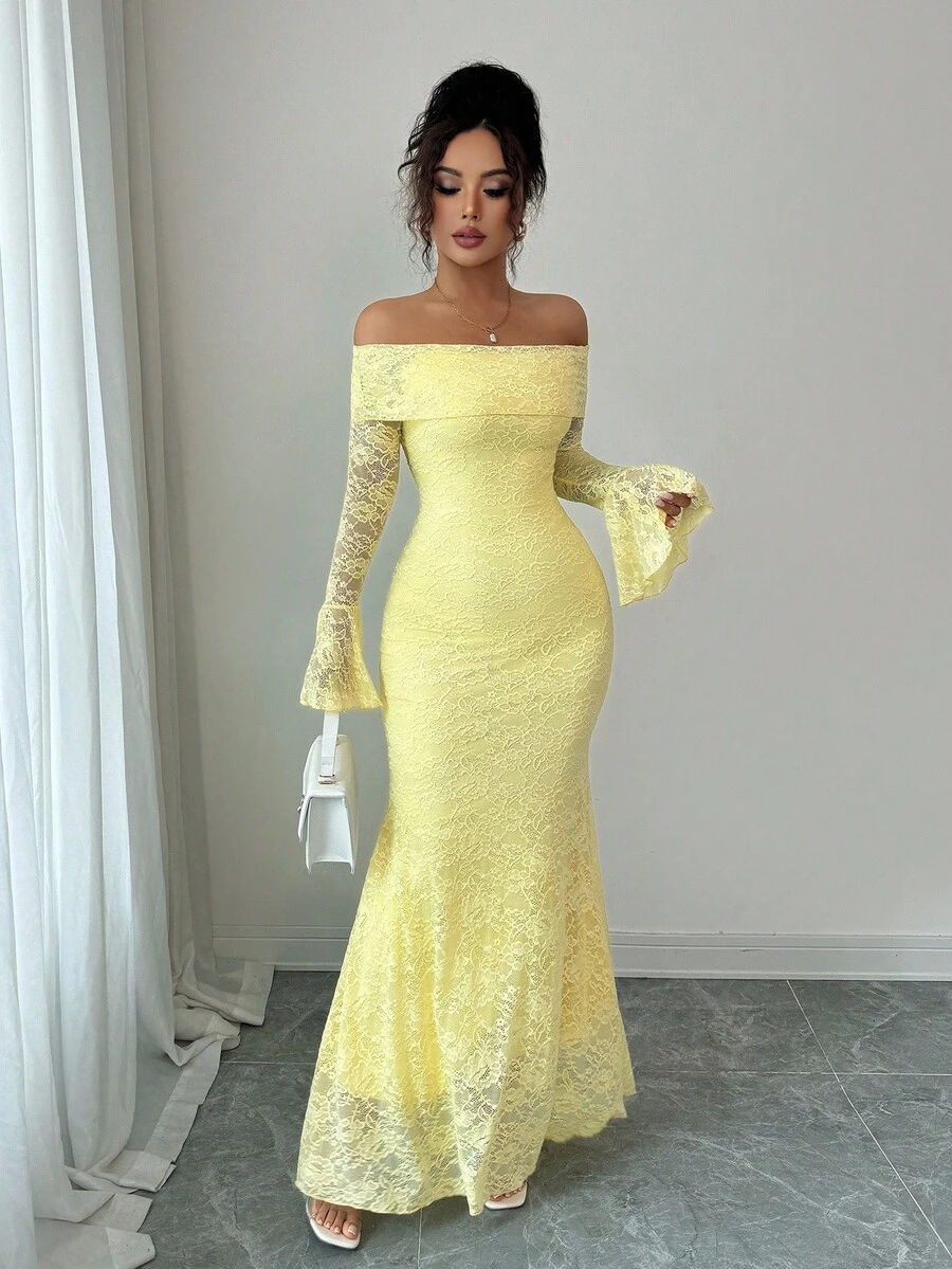 Rafferiza Petite 优雅时尚年轻简约百搭修身露肩喇叭袖美人鱼中长连衣裙，适合娇小女性，秋季 - 黃色 - 查看 1