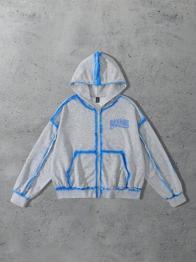 Street Life Men's Autumn Letter Print Zip-Up Hooded Casual Sweatshirt