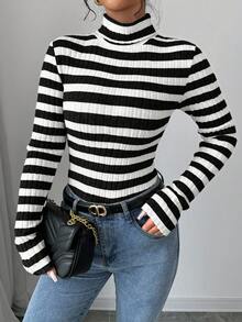 Elenzga 女士初秋高领抓绒罗纹长袖T恤衫，春季女式上衣 - 黑與白 - 查看 5