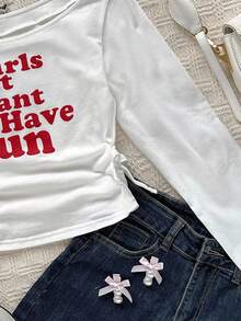 青少年女孩 T 恤休闲红色女孩只想玩得开心比口号白色露肩领文字印花短腰聚拢短袖紧身裤，春夏季，基本款，日常，百搭，运动时尚夏季上衣，返校季，校服