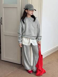 DAZY 2pcs/Set Tween Girls Crew Neck Letter Embroidered Sweatshirt Set, Fall - Light Grey - View 6