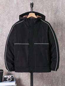 青少年男童休闲撞色镶边保暖内衬连帽外套，秋冬