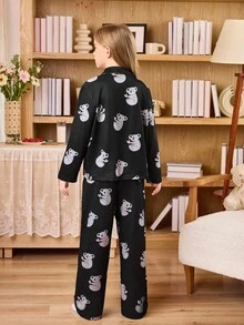 2 件套女童卡通印花连帽长袖上衣和裤子套装，适合家居服，春秋季 - 黑色 - 查看 2