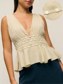 Nöista Sage Green Summer Elegant Vacation Holiday Women's V-Neck Ruched Waist Top With Covered Buttons,Flowy Peplum Hem Textured Boho Luxury Party Wedding - Apricot - View 1