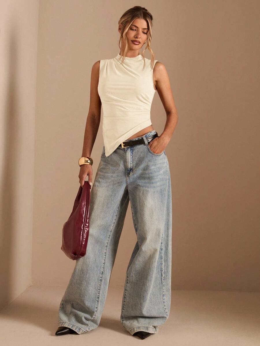 SHEIN BAE Women's Solid Color Stand Collar Pleated Asymmetric Hem Fitted Casual Tank Top, Spring/Summer - Apricot - View 1