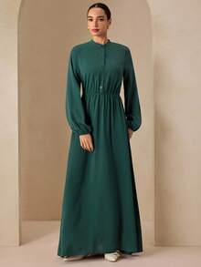 Graceveil Robe de soirée longue élégante et décontractée avec col montant, manches longues, boutons et taille élastique, coupe évasée, style automnal vert