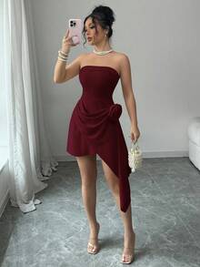 Elenzga 杏色甜心褶皱 A 字型优雅浪漫花卉女裙，非常适合情人节 - 酒紅色 - 查看 5