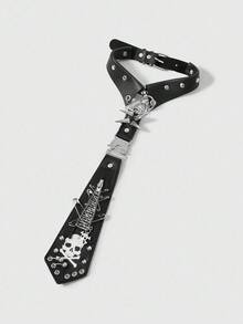 ROMWE Grunge Punk 1pc Black Y2K Punk Style Rivet Zipper Metal Skull & Letter Print Unisex Necktie, Goth Dark Accessories, Unique Personalized Decor - Black - View 2