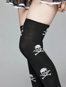 ROMWE Grunge Punk 1双暗摇滚哥特式白色骷髅过膝黑色袜子 - 黑色 - 查看 5