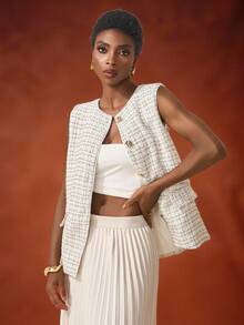 Zivah 2025年秋冬新款，日常约会，通勤，商务淑女，优雅邮轮，派对，简约网红爆款，生日派对，高端派对，圆领，无袖，不对称金属扣装饰腰带，金属不对称扣粗花呢背心外套 - 白色 - 查看 3