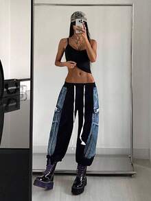 Jeanoix 女士休闲宽松阔腿系带腰拼接牛仔裤 - 彩色 - 查看 7