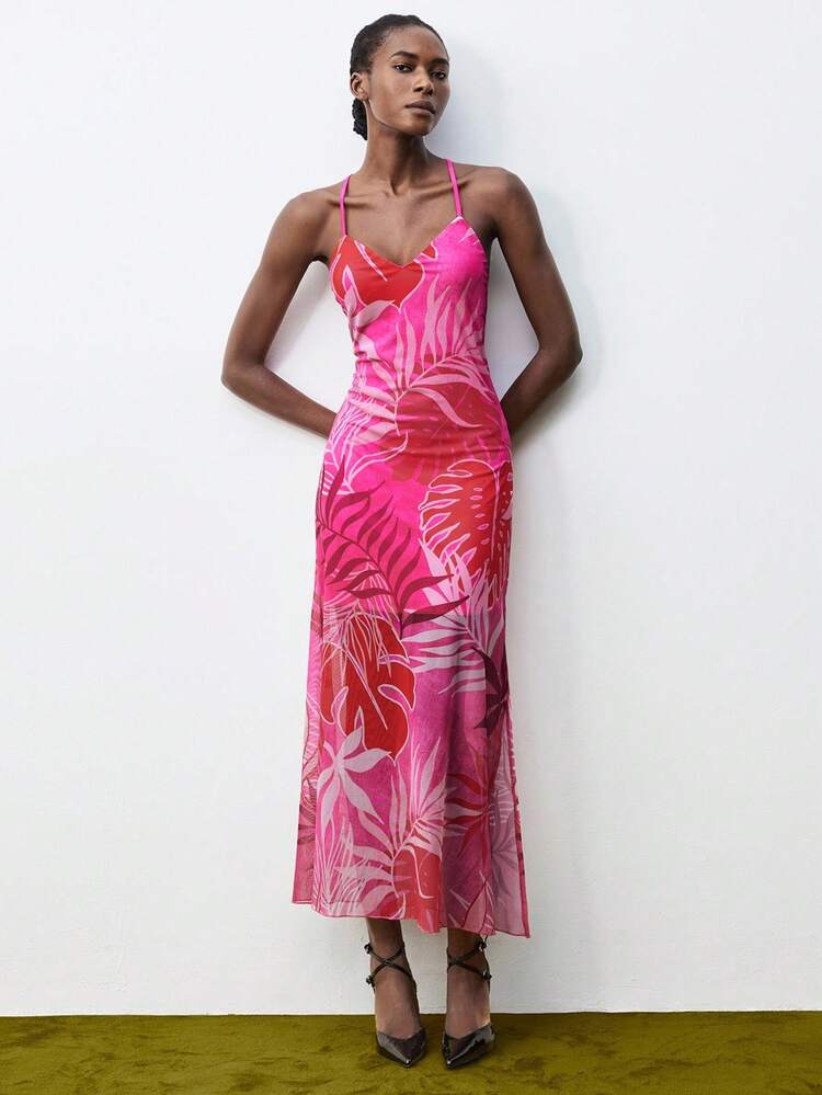 SHEIN Maija Women's V-Neck Sleeveless Backless Tie-Up Dress With Large Floral Print, Autumn Women Suits Skirt Suits For Woman Autumn Outfits For Women Saudi National Day New Year Dress Old Money Elegant Dresses For Party Beach Outfit For Women Christmas Dress Pink Dress Beach Dresses Party Outfit Halloween Costume Women New Year Women Wedding Guest Dress  Women Dresses Autumn Winter