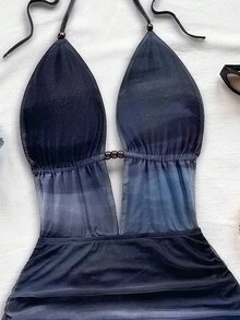 Soleia 女式复古扎染抽象印花深 V 领露背系带褶饰紧身迷你连衣裙，性感时尚夏季服装，适合派对、约会、下午茶、海滩度假 - 彩色 - 查看 6