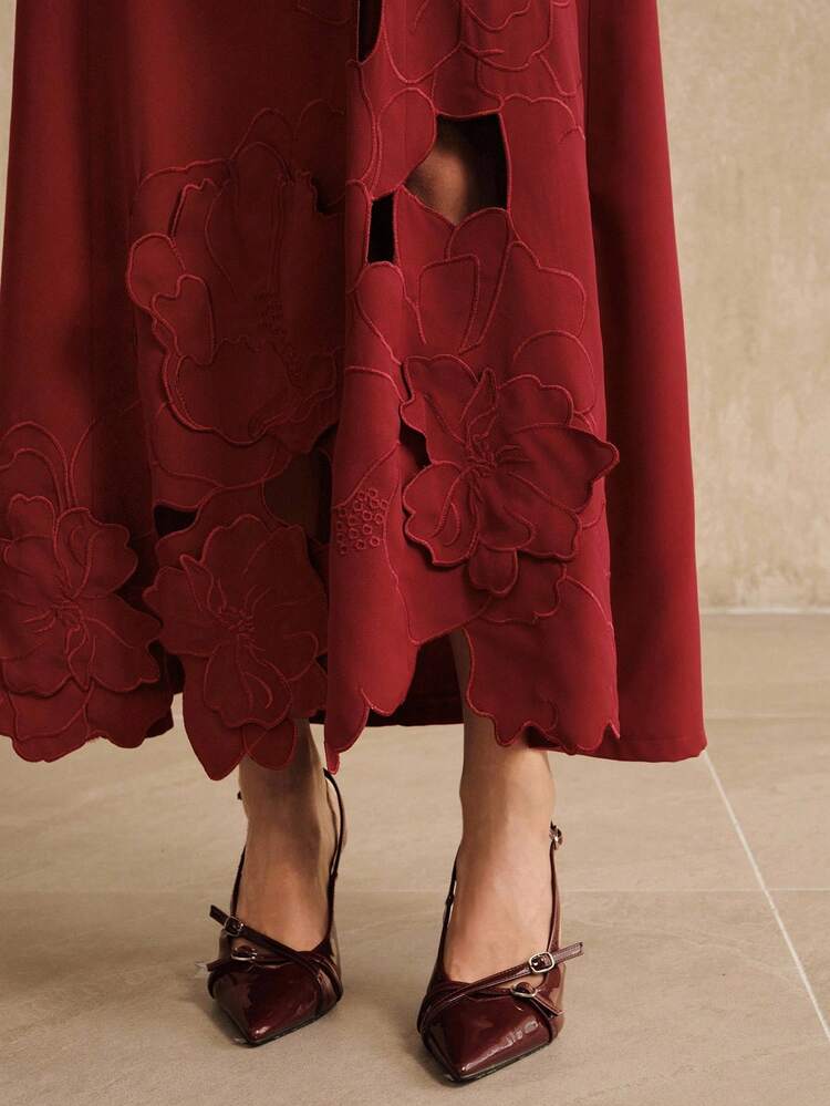 Women's Elegant Luxurious Exquisite 3D Floral Embroidery Fitted Dress, Sophisticated Vibe, Suitable For Autumn, Fall, Winter, Going Out, Elegant, Formal, Party, Chic, New Year, Women's Winter Dress, Christmas, Work, Graduation, Wedding, Red Dress
