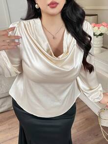 Modelyn 大码女式纯色缎面垂领长袖衬衫 - 杏色 - 查看 1