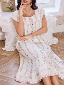 CottageSlumber 花卉印花拼布荷叶边方领加大码女式睡袍 - 彩色 - 查看 3