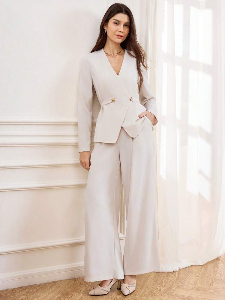 Conjunto Elegante Feminino de 2 Peças, Inclui Cardigan com Cintura Marcada e Calça Reta, Tecido na Cor Damasco, Conjunto Profissional para Ir ao Trabalho, Outono/Inverno