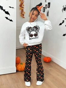 SHEIN 青少年女孩时尚休闲针织圆领运动衫和喇叭裤套装 - 亮橙色 - 查看 4
