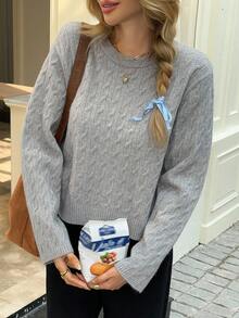 Livesso Women's Loose Fit Round Neck Bowknot Hollow Back Sweater