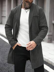 Manfinity Homme 男士纯色口袋纽扣长袖大衣，秋冬款 - 深灰色 - 查看 6
