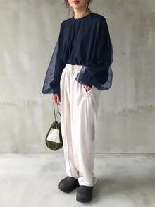 FRIFUL Women's Casual Thickened 2 In 1 Mesh Contrast Sweatshirt, Fall/Winter - Navy Blue - View 2