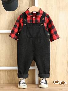 SHEIN 2 件套男婴格子领衬衫和黑色灯芯绒背带裤套装，柔软舒适的百搭服装，适合秋冬季居家和外出