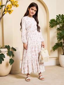 SHEIN Váy in hoa toàn thân cho bé gái tuổi mới lớn, ngày lễ, mùa hè, du lịch - trắng - Xem 1