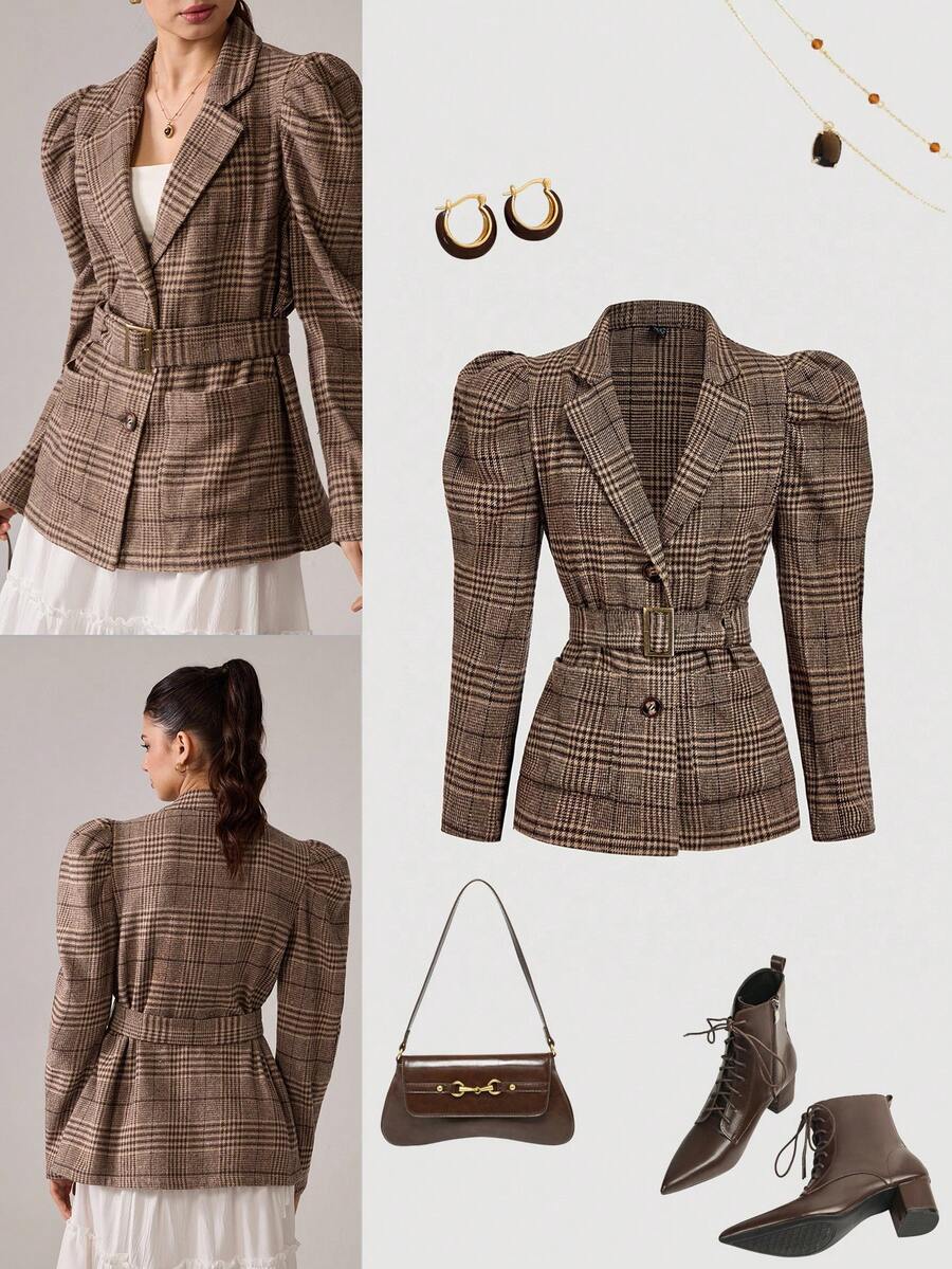 SHEIN MOD Blazer élégant à manches gigot et imprimé pied-de-poule pour femmes, avec poches et ceinture. Convient pour le travail, les déplacements et les affaires, automne