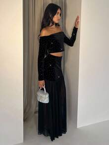 Glamine Women's Sexy & Elegant Velvet Rhinestone Off Shoulder Top And Velvet Rhinestone Mesh Skirt Set - Black - View 5