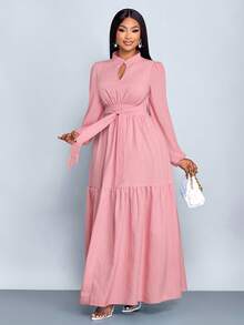 SOLERSUN Vestido largo de línea A con cinturón, de manga larga, cuello mao, abertura frontal, botón de lágrima, diseño de alta gama, para mujer talla grande, color rojo sólido, holgado, elegante, cómodo, casual, apropiado para uso diario, Año Nuevo, otoño, invierno, fiestas, citas, Navidad, 2026, Año Nuevo, San Valentín, verano, rosa