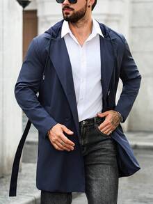 Manfinity Mode 男士双排扣连帽腰带风衣秋季长款连帽风衣藏青色欧式老款 - 藏蓝色 - 查看 1