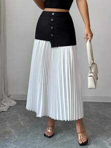 Elenzga Saia Elegante e Chique de Mulher com Contraste Preto e Branco, Plissada, Assimétrica e com Decoração de Botão