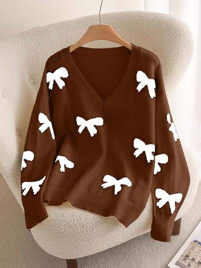 CosyJoli Plus Size Women Casual Loose Bowknot V-Neck Sweater, Long Sleeve, Autumn