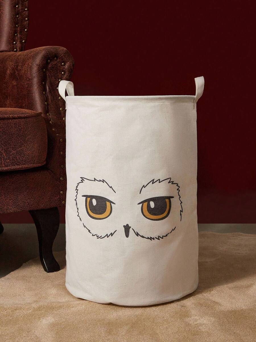 HARRY POTTER X SHEIN 1 Giỏ đựng đồ in hình cú Hedwig, chất liệu vải cotton lanh dày dặn, có thể đựng quần áo bẩn, đồ chơi, khăn tắm và các vật dụng khác, quà tặng Giáng sinh. - trắng - Xem 1
