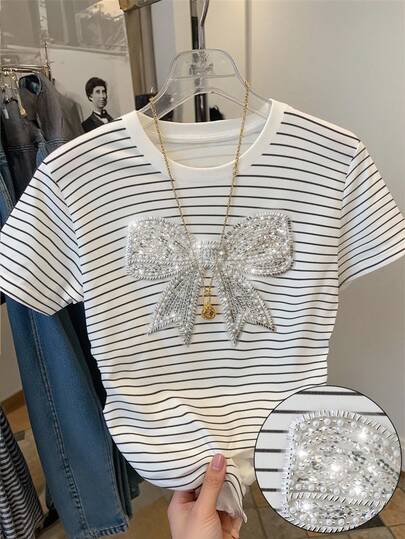 Resyla 条纹数码印花闪亮蝴蝶串珠休闲抽绳腰部T恤，送给朋友的礼物