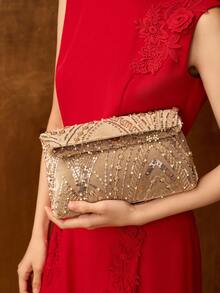 MOTF PREMIUM WOMEN'S FASHION SQUARE FAUX FEATHER CLUTCH BAG, VALENTINES, PERFECTLY MATCHING WITH PROM DRESSES, PROM ACCESSORIES,SEQUIN DRESS SPARKLY DRESS , SEQUIN - Champagne - View 8