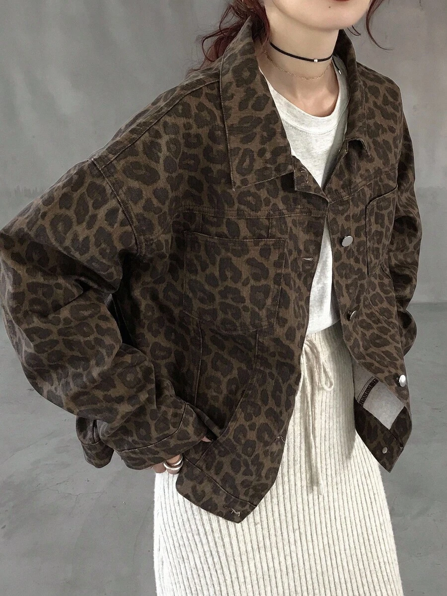 FRIFUL 女式豹纹宽松休闲牛仔夹克和外套秋冬