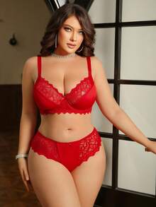 SHEIN Seduluxe 2pcs Plus Size Lace Patchwork Underwire Bra & Panty Set, Lift