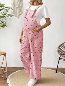 SHEIN 孕妇心形印花口袋宽腿宽松休闲连体裤 - 粉色 - 查看 4