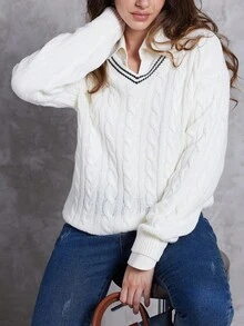 Jouncy Suéter casual de mujer con cuello de contraste de color, otoño/invierno - Beis - Ver 1