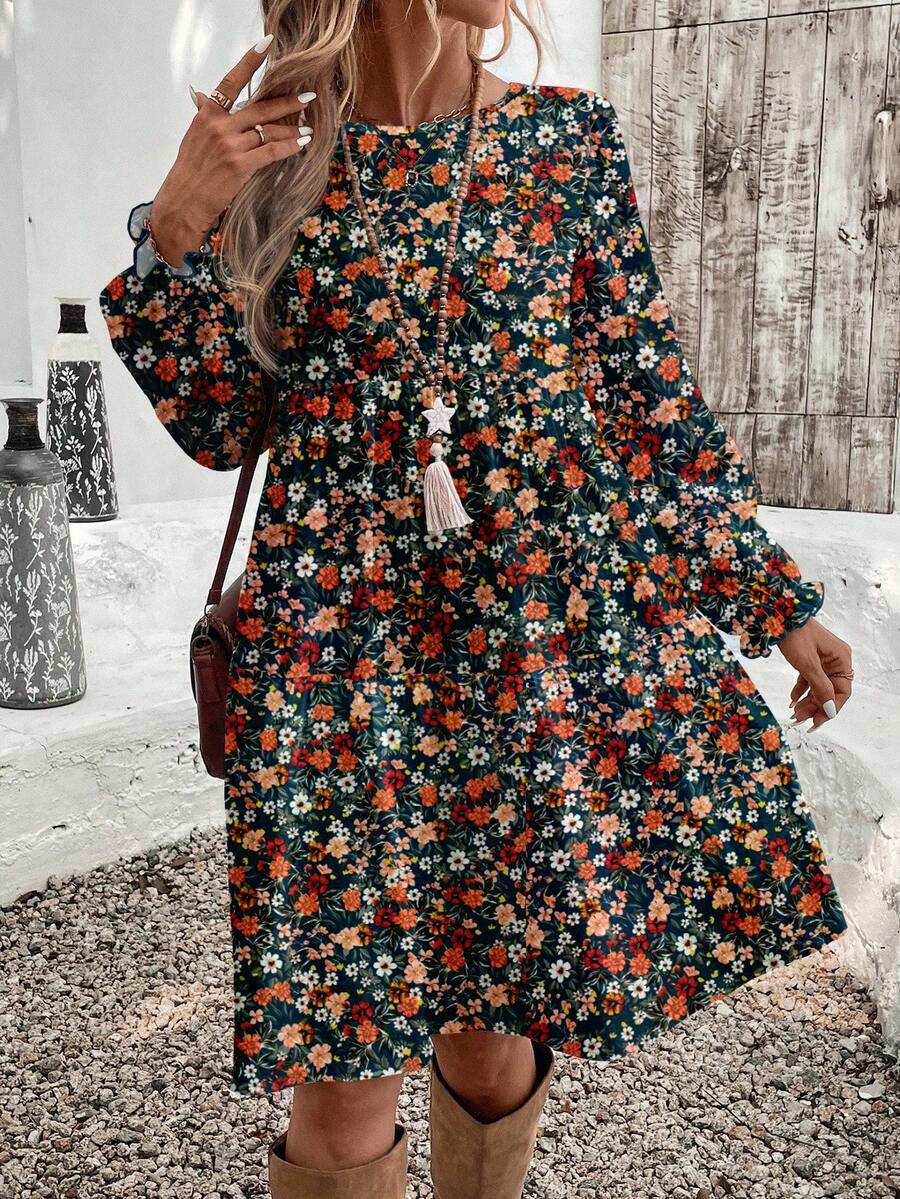 EMERY ROSE Lässiges, weites Ditsy-Blumen-Langarmkleid für Frauen, vielseitig für den täglichen Gebrauch, Frauen Herbst Blumenkleid Langarm Blumenkleid Herbst Blumenkleid Boho Blumenkleid Blumenkleid Frauen - Verschiedenfarbig - Übersicht 1