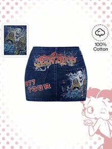 Betty Boop | ROMWE Y2K 100% 纯棉复古卡通人物和老虎印花紧身迷你牛仔裙 - 藍色 - 查看 1